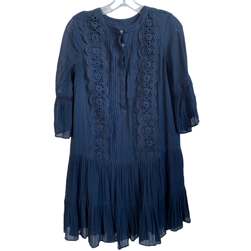 LOFT Dress Womens 6 Navy Blue Pleated Tiered Hidden Button Front 3/4 Sleeve